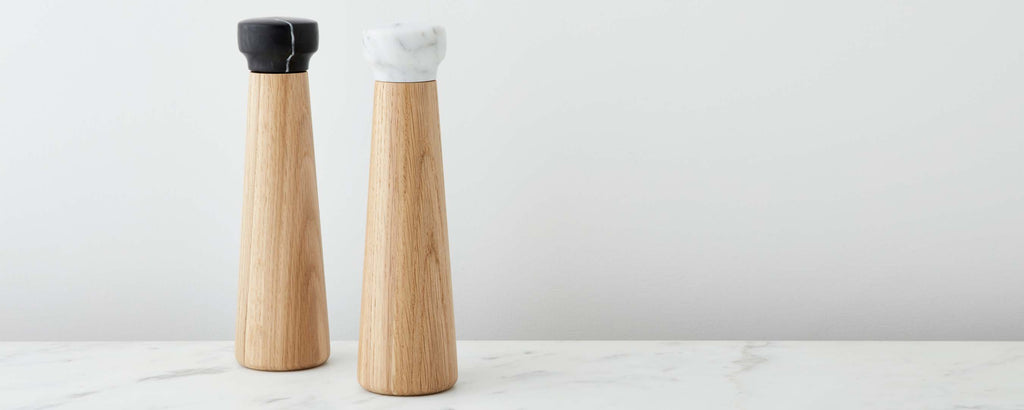 oak and marble salt and pepper mills