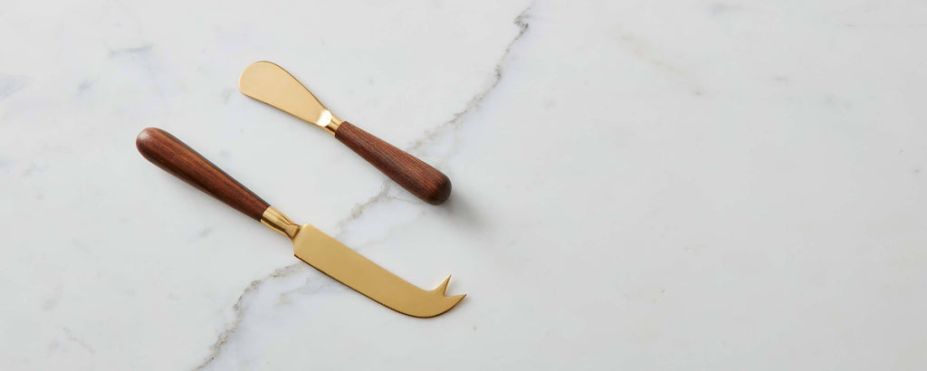 wood gold cheese knife and spreader