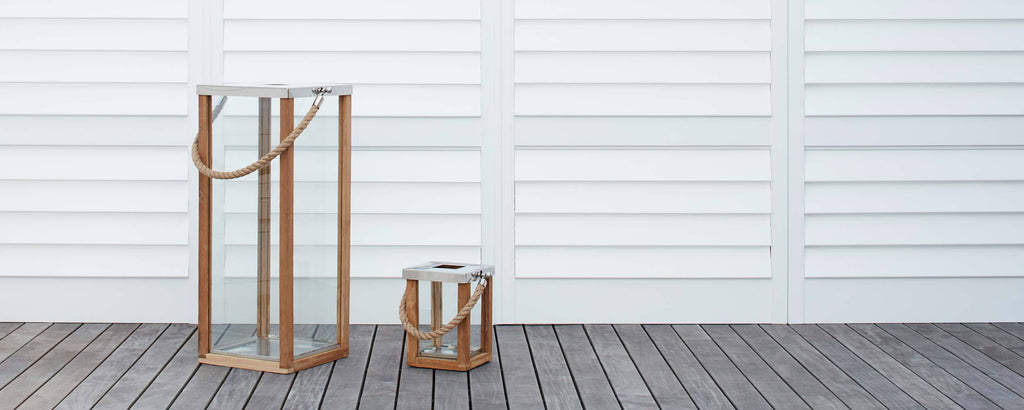 teak and stainless rope lanterns